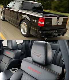 Listas e novos pára-lamas são a interpretação de Chip Foose para F-150 personalizada. Logo do preparador está nos apoios de cabeça Listas e novos pára-lamas são a interpretação de Chip Foose para F-150 personalizada. Logo do preparador está nos apoios de cabeça