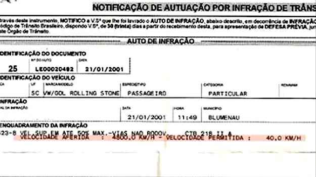 Em Santa Catarina, �rg�o notificou um Gol por estar a uma velocidade quase quatro vezes maior que a do som